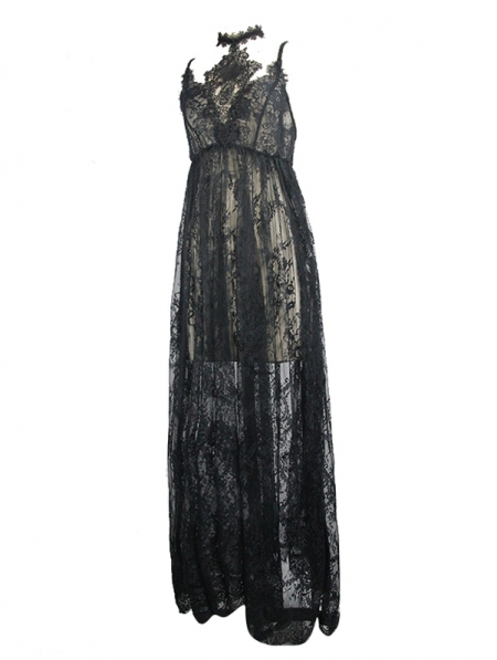 Black Romantic Sexy Gothic Lace Long Sheer Dress - Devilnight.co.uk