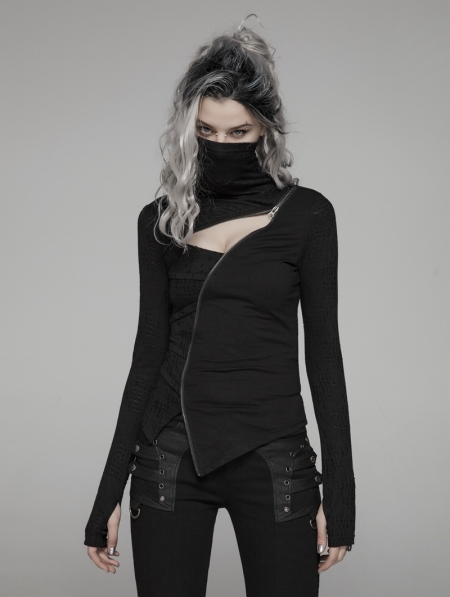 Black Gothic Punk Dark Turtleneck T-Shirt for Women