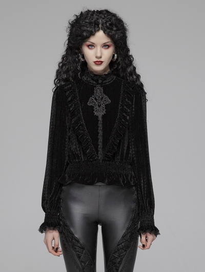 Black Vintage Gothic Velvet Long Sleeve Blouse for Women