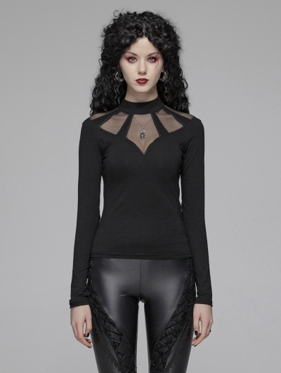 Black Gothic Hollow-out Long Sleeve T-Shirt for Women