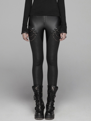 Black Gothic Punk Chain Legging Trousers for Women