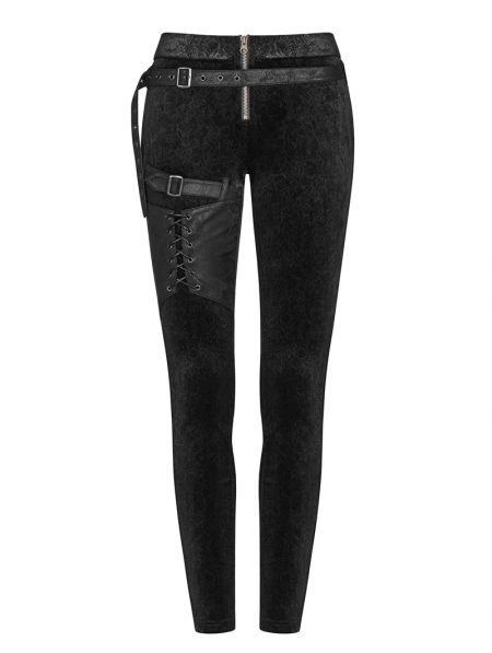 Black Gothic Velvet Steampunk Legging Pants for Women - Devilnight.co.uk