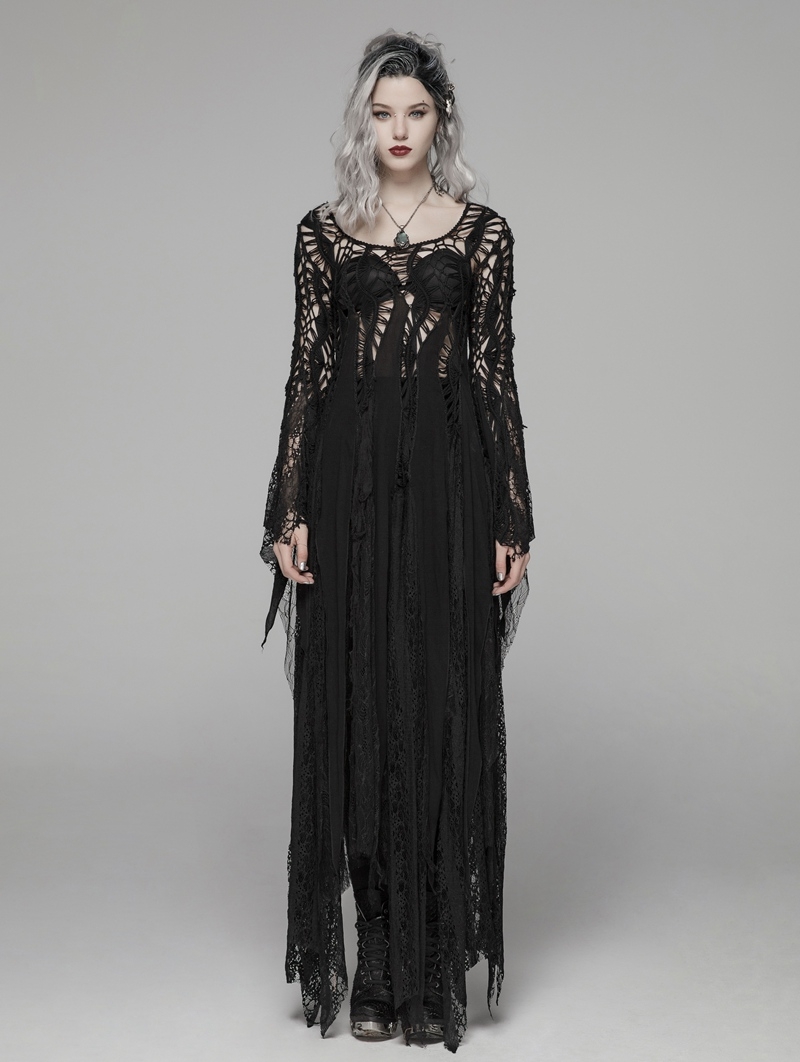 Black Gothic Punk Long Asymmetric Lace Dress