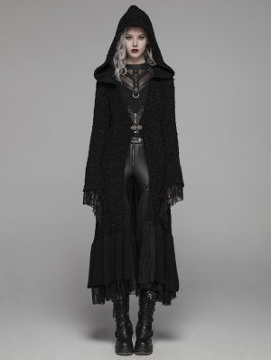 Black Gothic Thick Woolen Long Hooded Cardigan for Women
