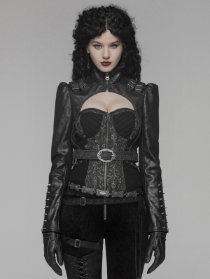 Black Gothic Steampunk Rivet Short Jacket for Women