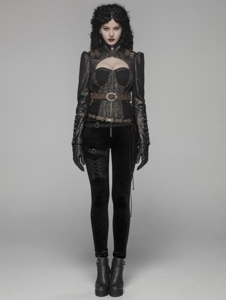 Coffee Gothic Steampunk Rivet Short Jacket for Women - Devilnight.co.uk