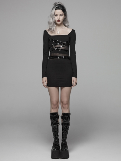 Black Gothic Punk PU Leather Loop Slimming Dress