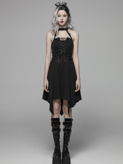 Black Dark Gothic Punk Halter Asymmetrical Dress
