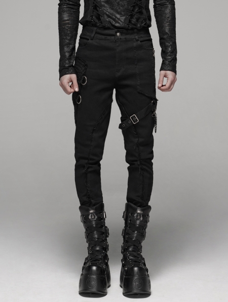 Black Gothic Punk Belt Chain Pants for Men - Devilnight.co.uk