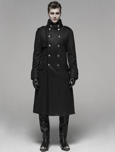 Black Gothic Military Style Long Thick Jacket for Men