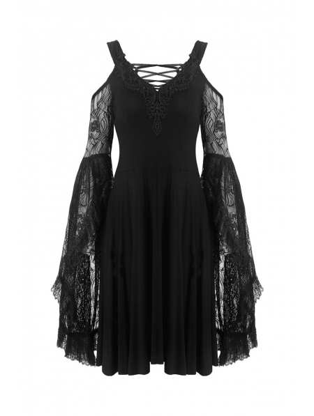 Black Elegant Gothic Lace Off-the-Shoulder Midi Dress - Devilnight.co.uk