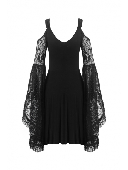 Black Elegant Gothic Lace Off-the-Shoulder Midi Dress - Devilnight.co.uk