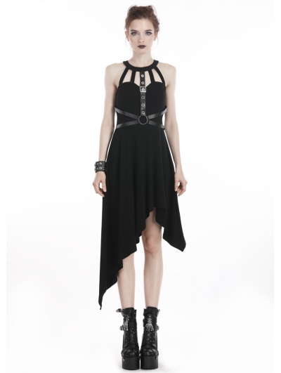 Black Gothic Punk Harness Style Asymmetrical Dress - Devilnight.co.uk