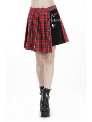 Red Gothic Punk Pleated Grid Irregular Hem Short Skirt