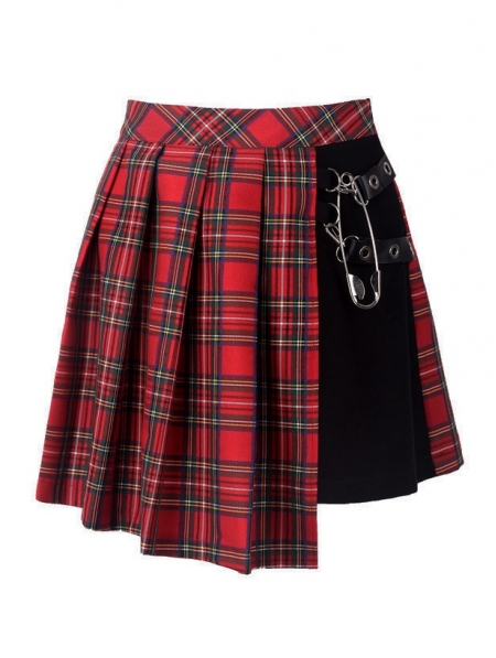 Red Gothic Punk Pleated Grid Irregular Hem Short Skirt - Devilnight.co.uk