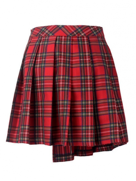 Red Gothic Punk Pleated Grid Irregular Hem Short Skirt - Devilnight.co.uk