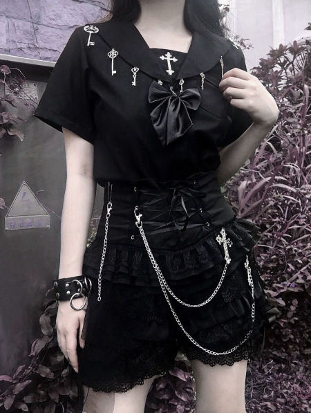 Black Gothic Key Uniform Top for Women - Devilnight.co.uk
