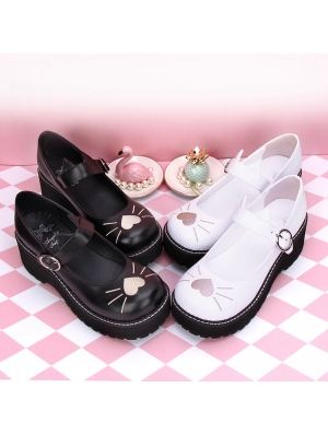 Black/White Sweet Lolita Heart Cat Pattern Shoes