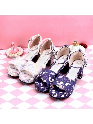 White/Purple Sweet Lolita Fairy Tale Pattern Mid Heel Sandals