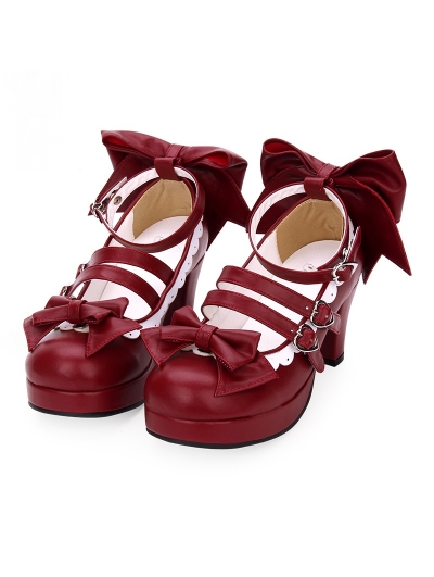 Red/Blue/Navy Blue/Pink/Black/White Sweet Lolita Bow Belt Mid Heel Shoes