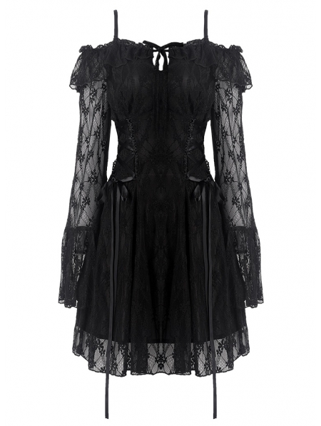 Black Sweet Gothic Off-the-Shoulder Lace Short Dress - Devilnight.co.uk