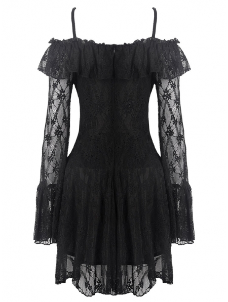 Black Sweet Gothic Off-the-Shoulder Lace Short Dress - Devilnight.co.uk