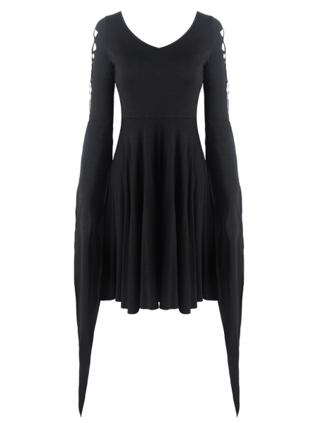 Black Gothic Punk Short dress with Long Trumpet Hooked Sleeves ...