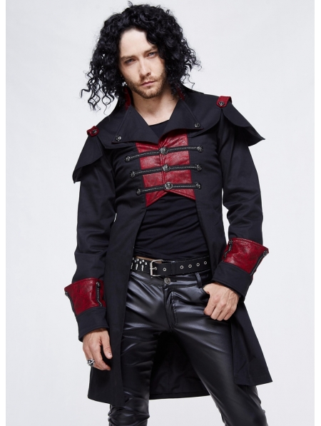 Black and Red Gothic Military Cape Jacket for Men - Devilnight.co.uk