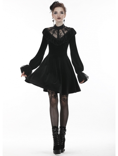 Black Gothic Lolita Long Sleeve Velvet Short Dress