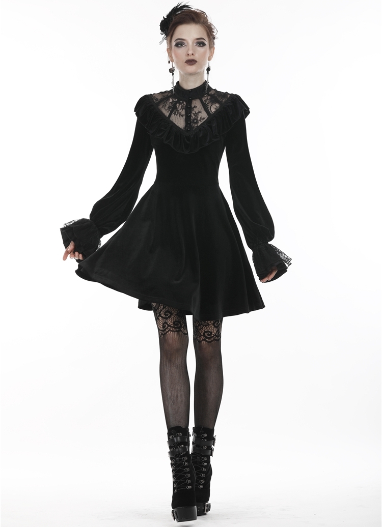 Black Gothic Lolita Long Sleeve Velvet Short Dress