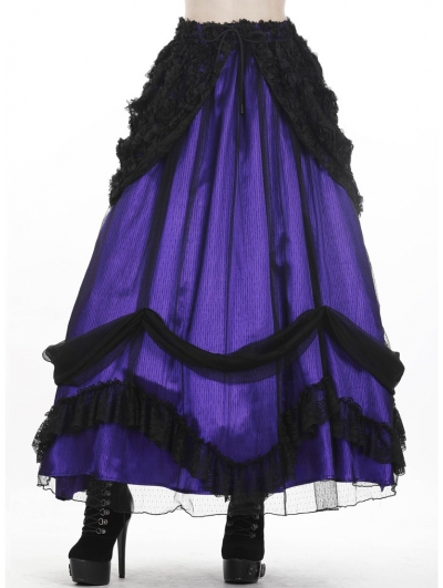 Purple and Black Gothic Lace Mesh Satin Long Skirt