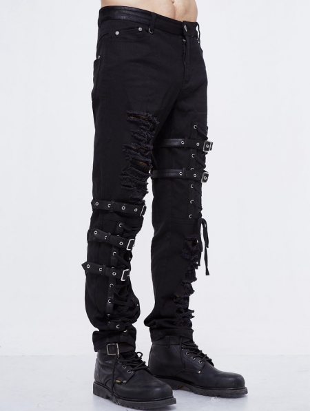 Black Gothic Punk Hole Long Jeans for Men - Devilnight.co.uk