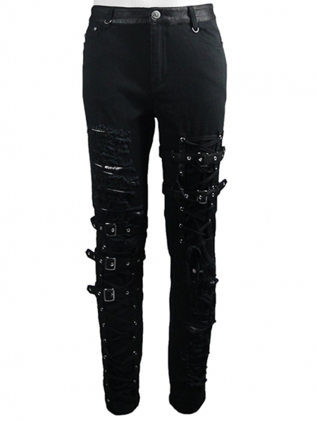 Black Gothic Punk Hole Long Jeans for Men - Devilnight.co.uk