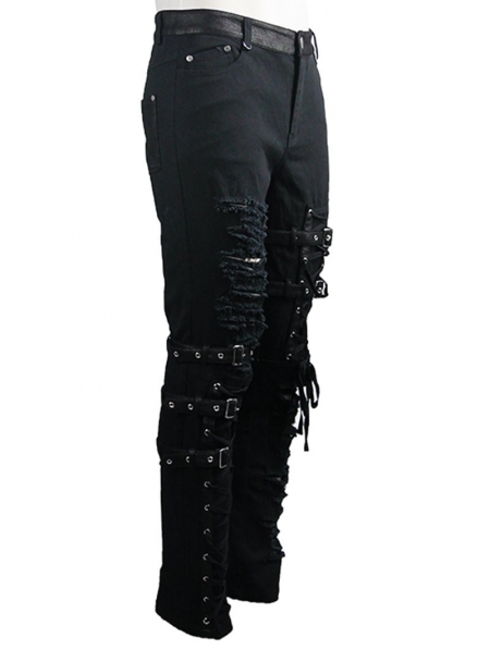 Black Gothic Punk Hole Long Jeans for Men - Devilnight.co.uk