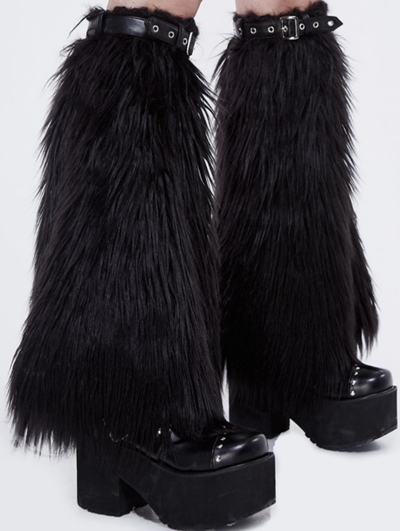 Black Gothic Winter Faux Fur Leg Cuffs for Women