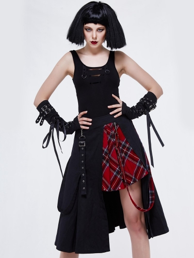 Black Gothic Punk Belt Half Plaid Skirt