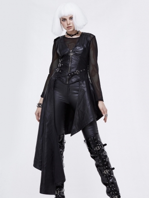 Black Gothic Punk PU Leather Long Asymmetric Waistcoat for Women