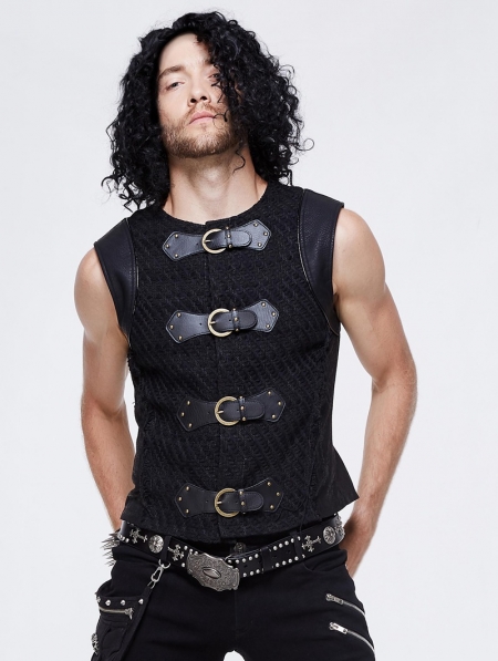 Black Gothic Punk Buckle Belt Vest Top for Men Devilnight