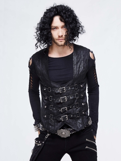 Black Gothic Punk Buckle Belt Waistcoat for Men