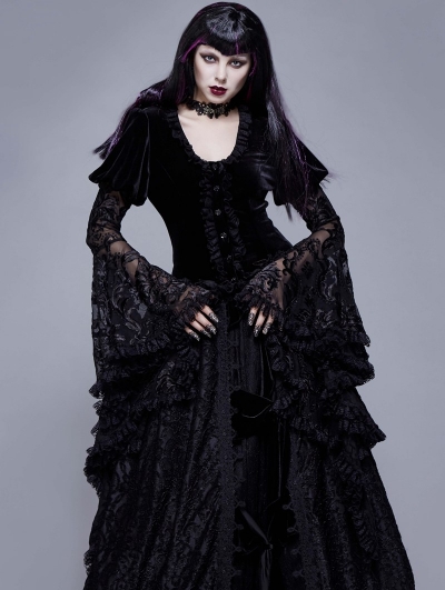 Black Vintage Gothic Victorian Lace Velvet Tail Coat for Women
