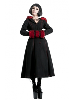 Black and Red Gothic Two Wear Woolen Initation Fur Long Winter Coat for Women