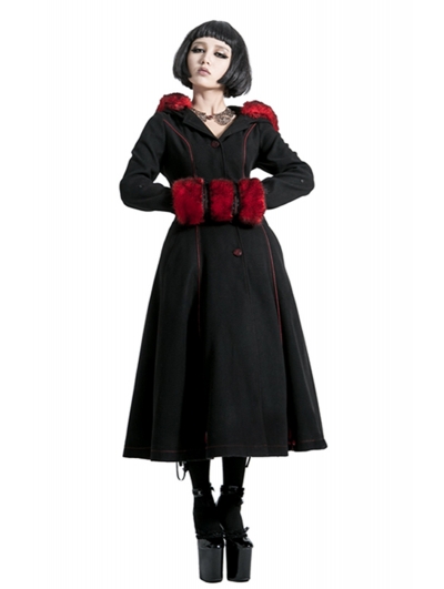 Black and Red Gothic Two Wear Woolen Initation Fur Long Winter Coat for Women