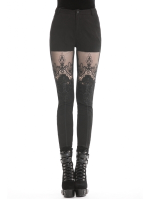 Black Gothic Flower Lace Tight Long Trousers for Women