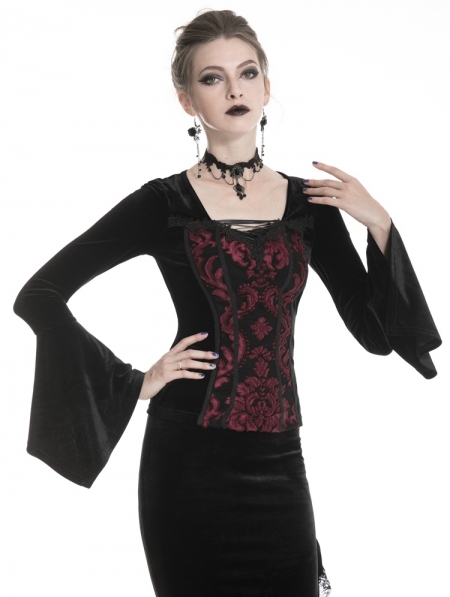 Black and Red Vintage Gothic Velvet Long Sleeve T-Shirt for Women ...