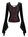 Black and Red Vintage Gothic Velvet Long Sleeve T-Shirt for Women