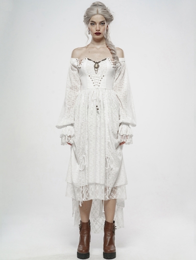 White Vintage Gothic Victory Day Lace High-Low dress