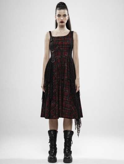 gothic lace up waist plaid irregular dress