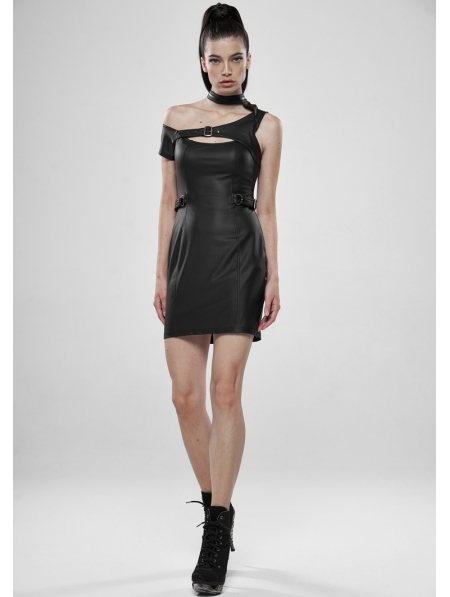 Black Gothic Punk Pu Leather Mini Dress
