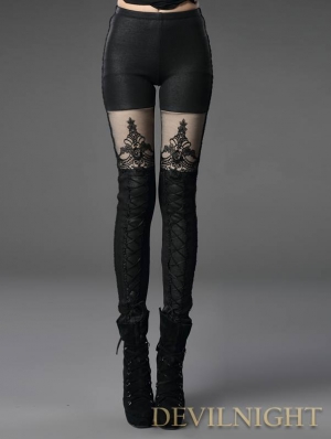 Black Pierced Lace Gothic Leggings for Women