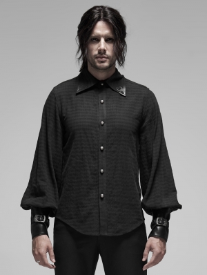 Black Steampunk Appliqued Long Sleeve Shirt for Men